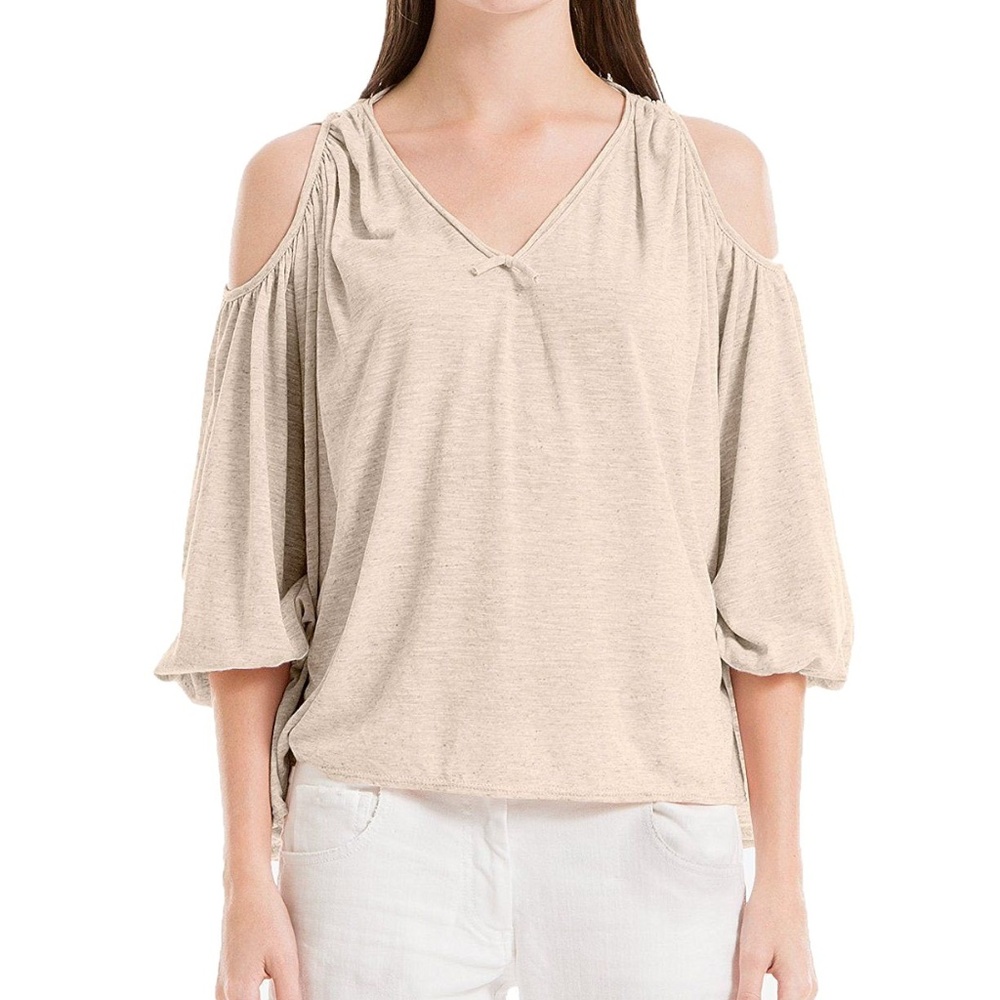Max Studio V-Neck Cold Shoulder Top Oatmeal Beige